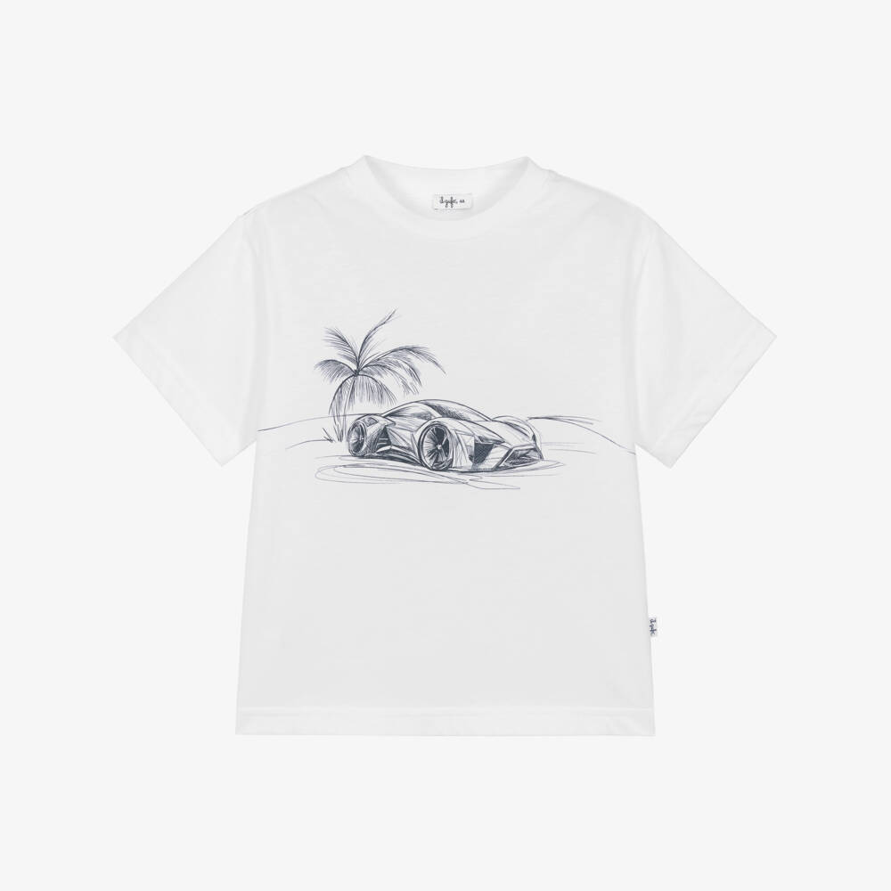 Il Gufo-Boys White Cotton Tropical Car Print T-Shirt | Childrensalon