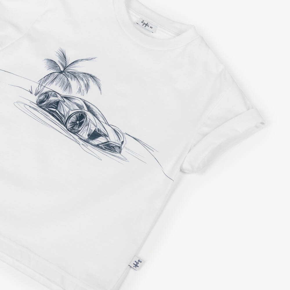 Il Gufo-Boys White Cotton Tropical Car Print T-Shirt | Childrensalon