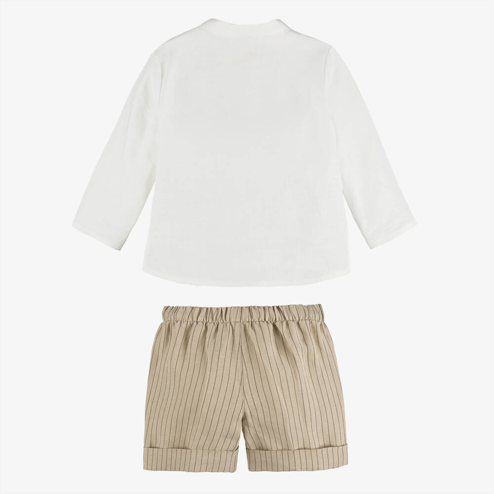 Il Gufo-Boys White Linen Shirt & Beige Stripe Shorts Set | Childrensalon