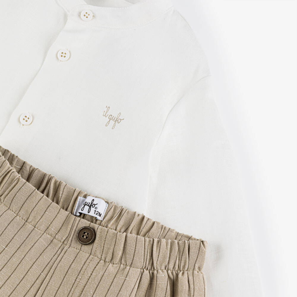 Il Gufo-Boys White Linen Shirt & Beige Stripe Shorts Set | Childrensalon