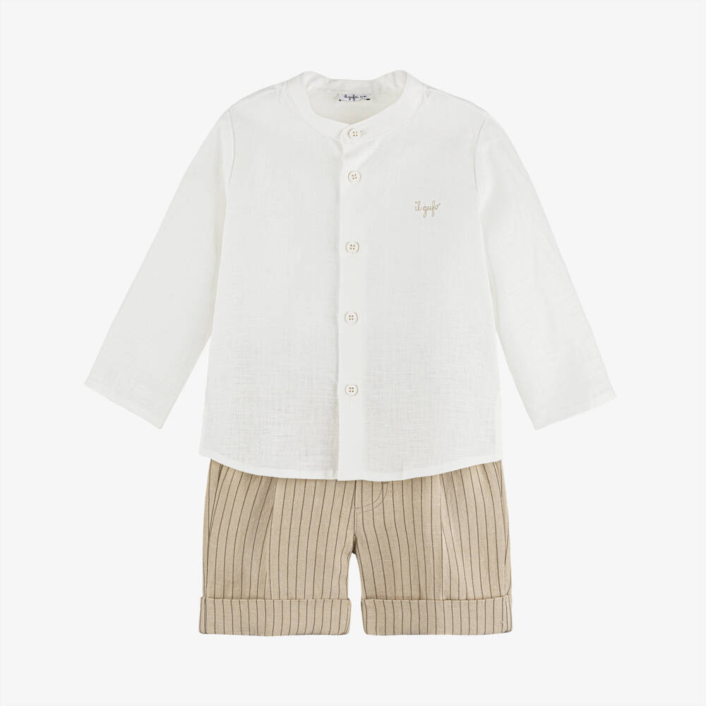 Il Gufo-Boys White Linen Shirt & Beige Stripe Shorts Set | Childrensalon