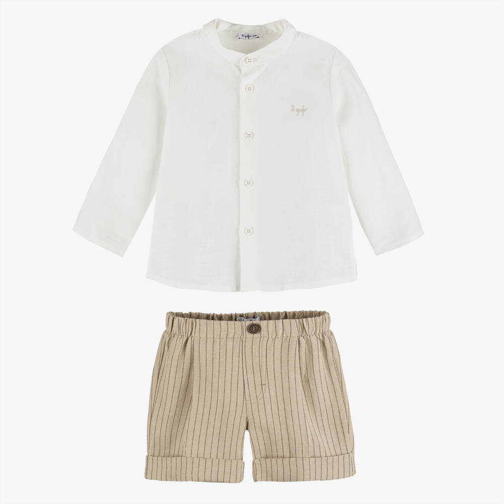 Il Gufo-Boys White Linen Shirt & Beige Stripe Shorts Set | Childrensalon