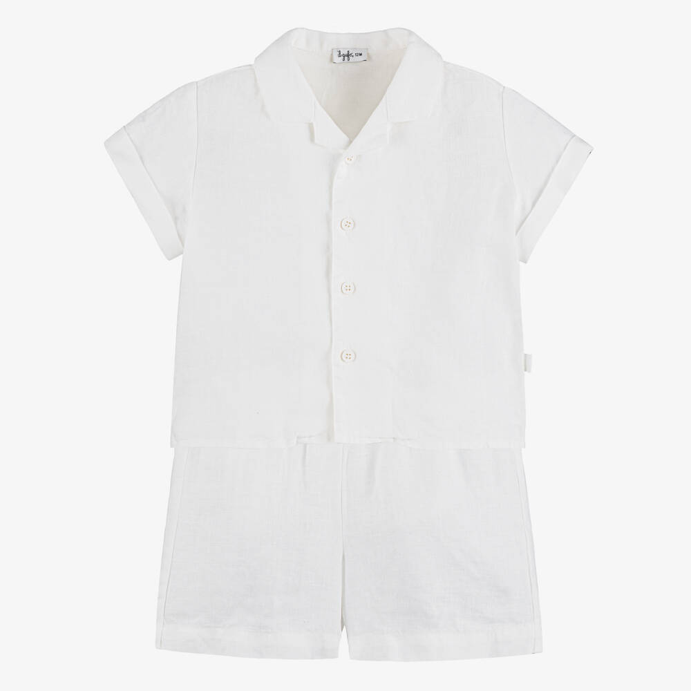 Il Gufo-Boys White Linen Short-Sleeved Shirt & Shorts Set | Childrensalon