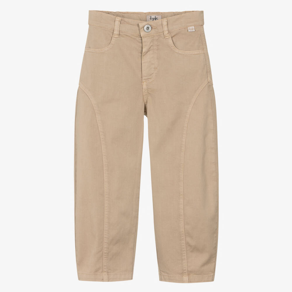 Il Gufo-Girls Beige Cotton Barrel Style Trousers | Childrensalon