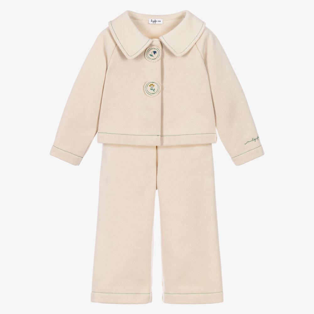 Il Gufo-Girls Beige Cotton Cardigan & Trouser Set | Childrensalon