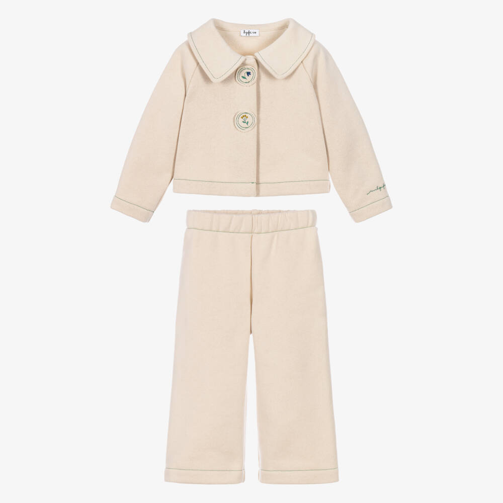 Il Gufo-Girls Beige Cotton Cardigan & Trouser Set | Childrensalon