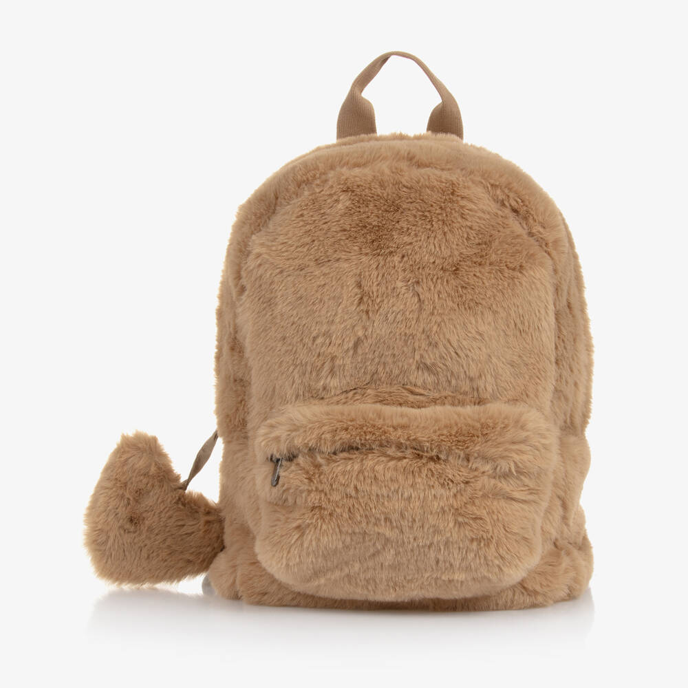 Il Gufo-Girls Beige Faux Fur Backpack (30cm) | Childrensalon