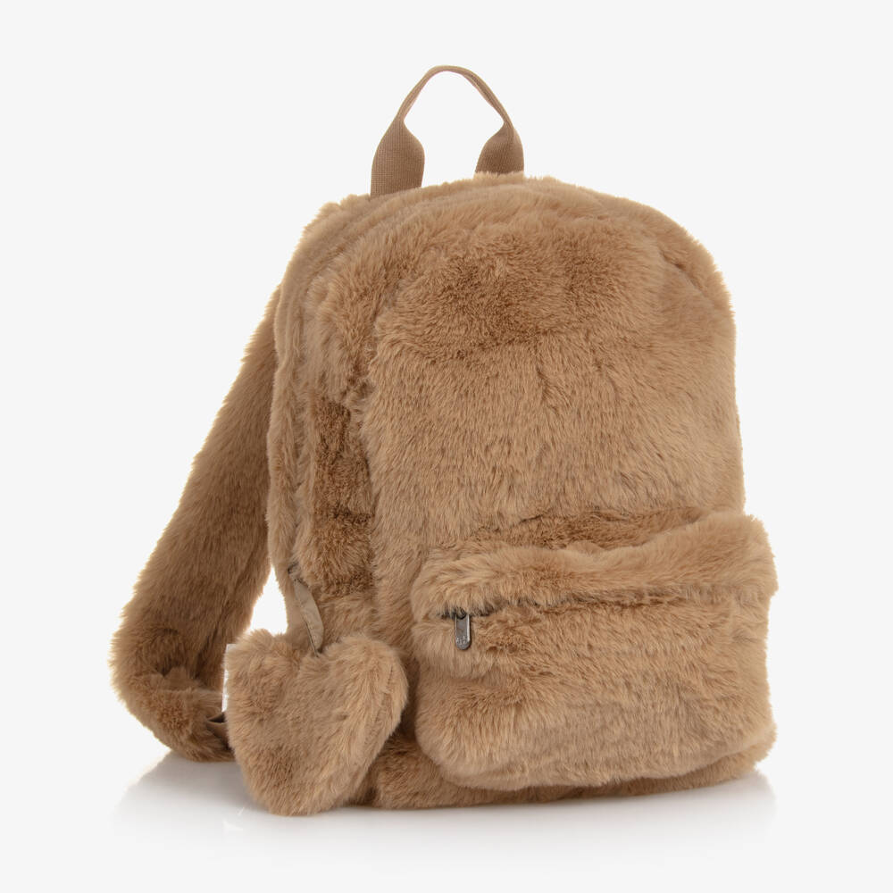 Il Gufo-Girls Beige Faux Fur Backpack (30cm) | Childrensalon