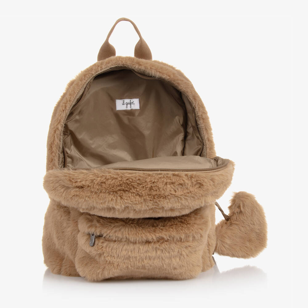 Il Gufo-Girls Beige Faux Fur Backpack (30cm) | Childrensalon