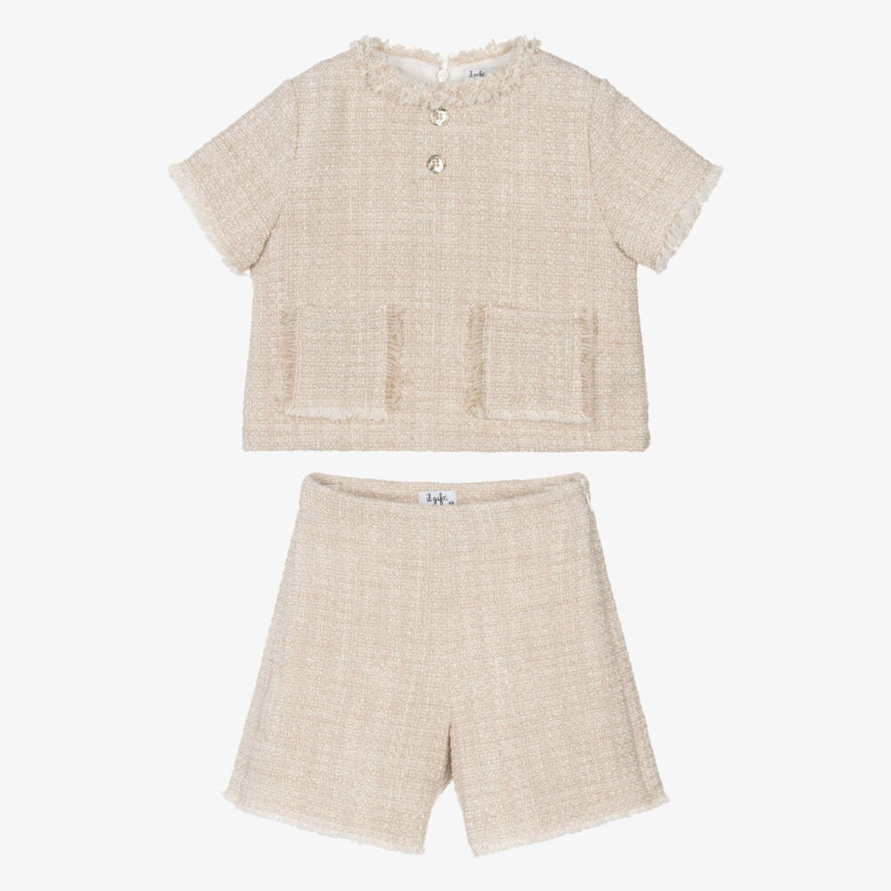 Il Gufo-Girls Beige Tweed Shorts Set with Frayed Trims | Childrensalon