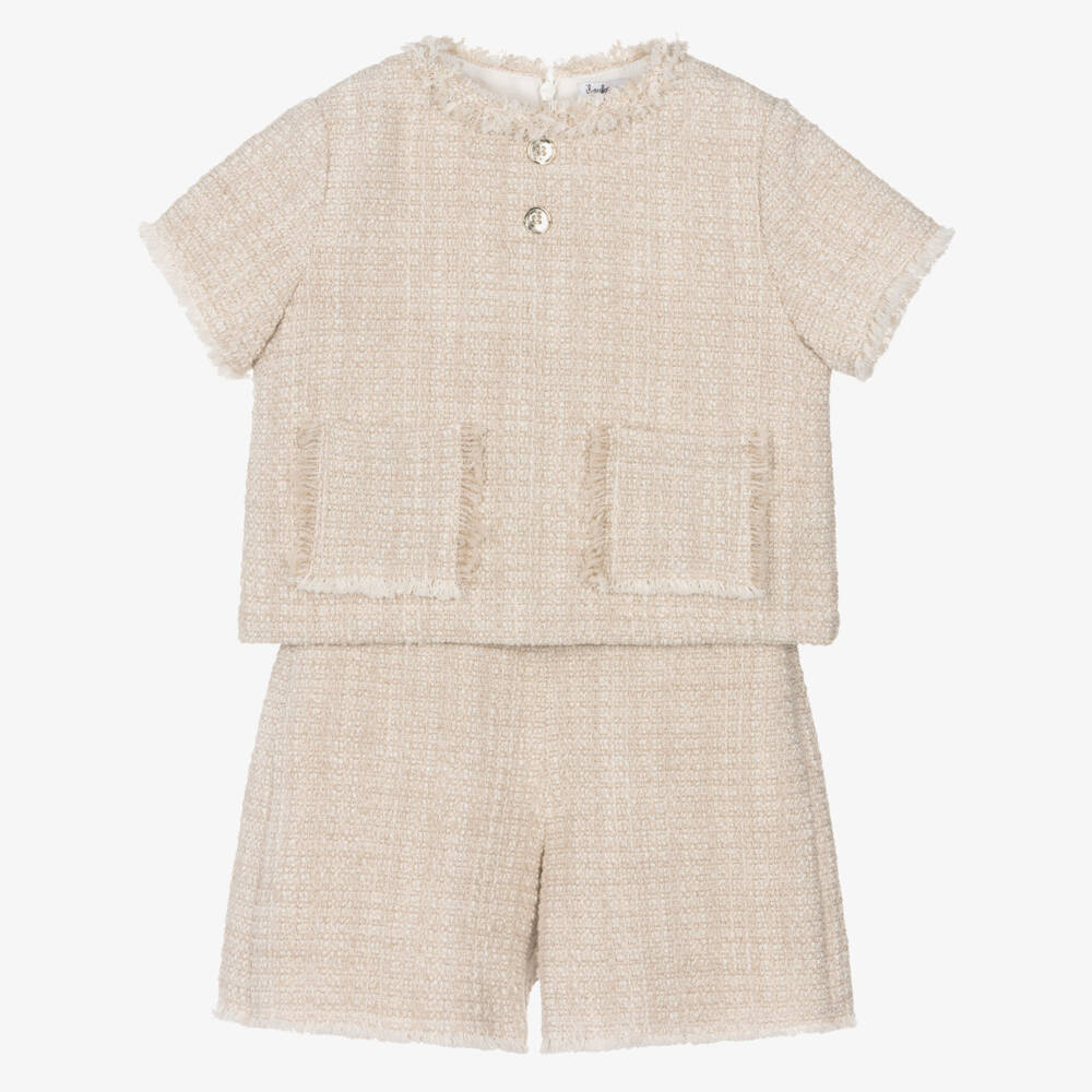 Il Gufo-Girls Beige Tweed Shorts Set with Frayed Trims | Childrensalon