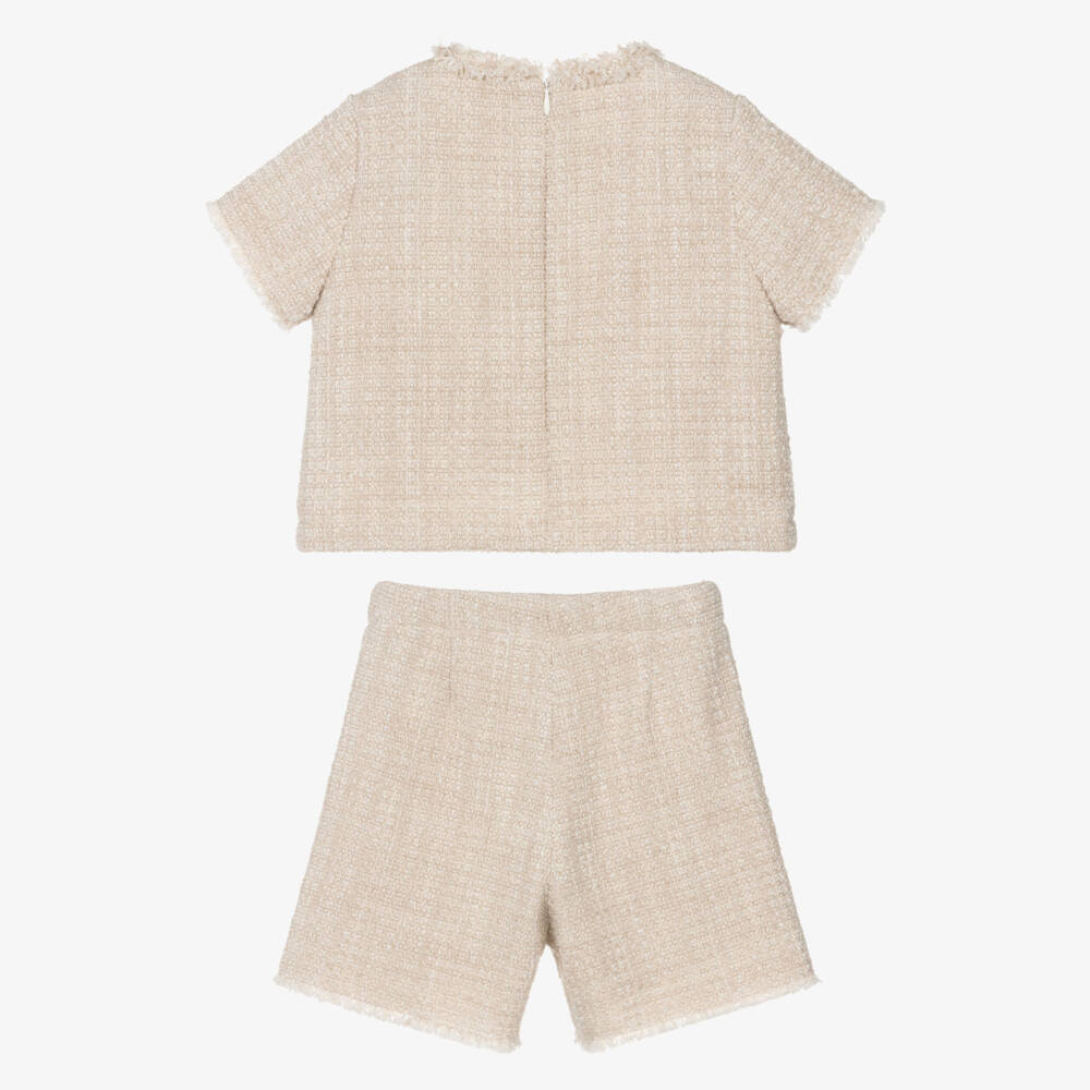 Il Gufo-Girls Beige Tweed Shorts Set with Frayed Trims | Childrensalon