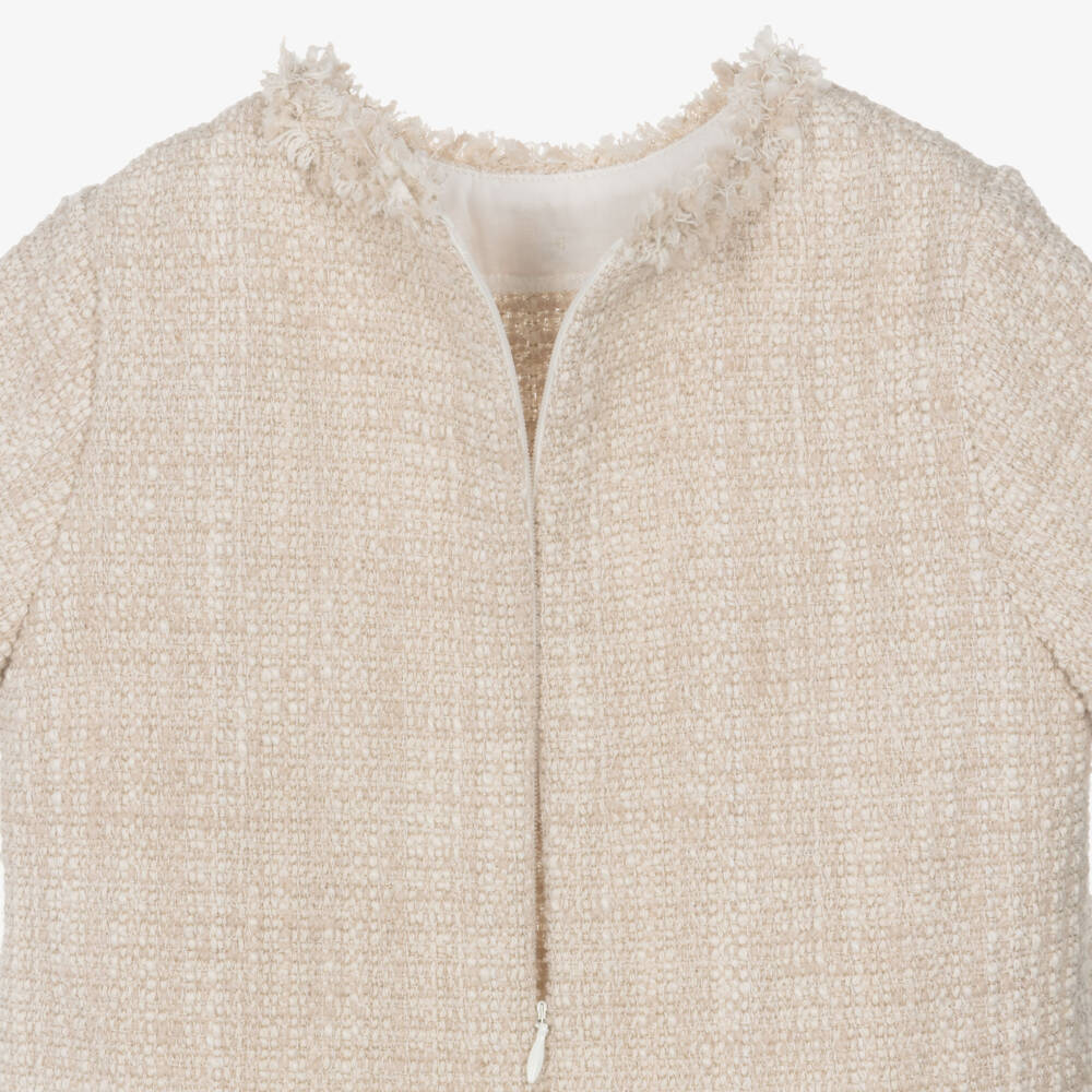 Il Gufo-Girls Beige Tweed Shorts Set with Frayed Trims | Childrensalon