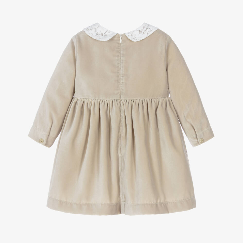 Il Gufo-Girls Beige Velvet Dress with Lace Collar | Childrensalon