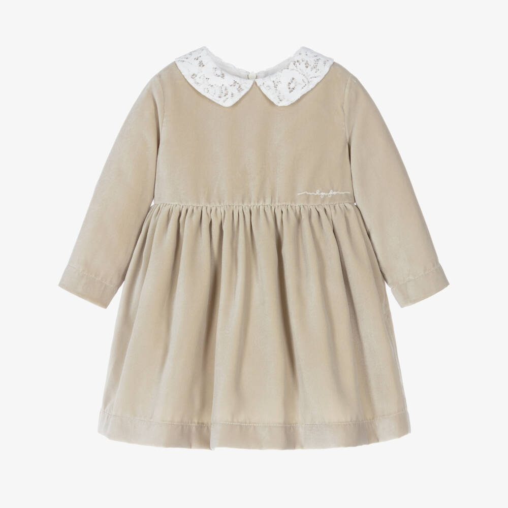 Il Gufo-Girls Beige Velvet Dress with Lace Collar | Childrensalon