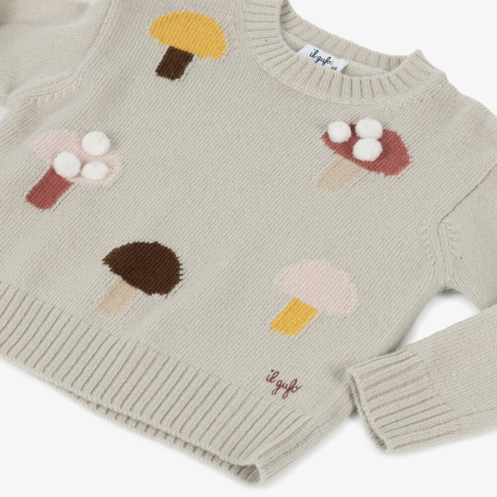 Il Gufo-Girls Beige Wool Sweater with Mushroom Motifs | Childrensalon