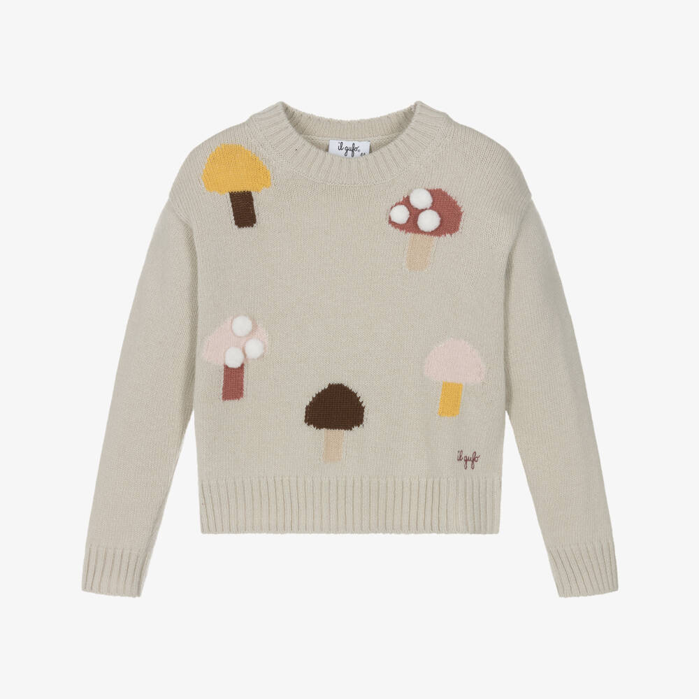 Il Gufo-Girls Beige Wool Sweater with Mushroom Motifs | Childrensalon