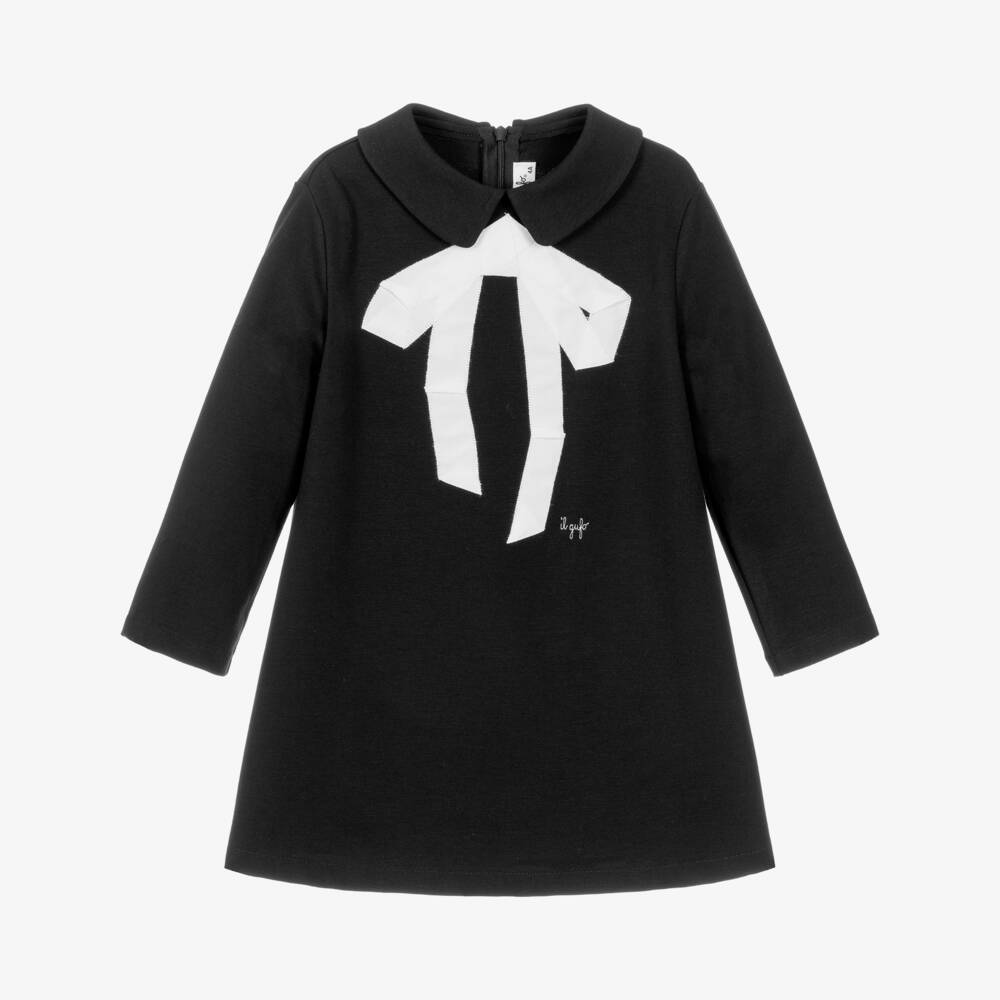 Il Gufo-Girls Black Collared Dress with Grosgrain Bow | Childrensalon