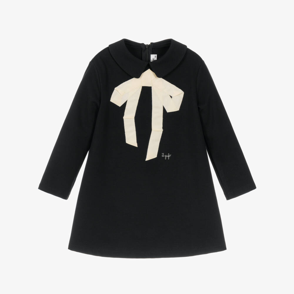 Il Gufo-Girls Black Collared Dress with Ribbon Bow | Childrensalon