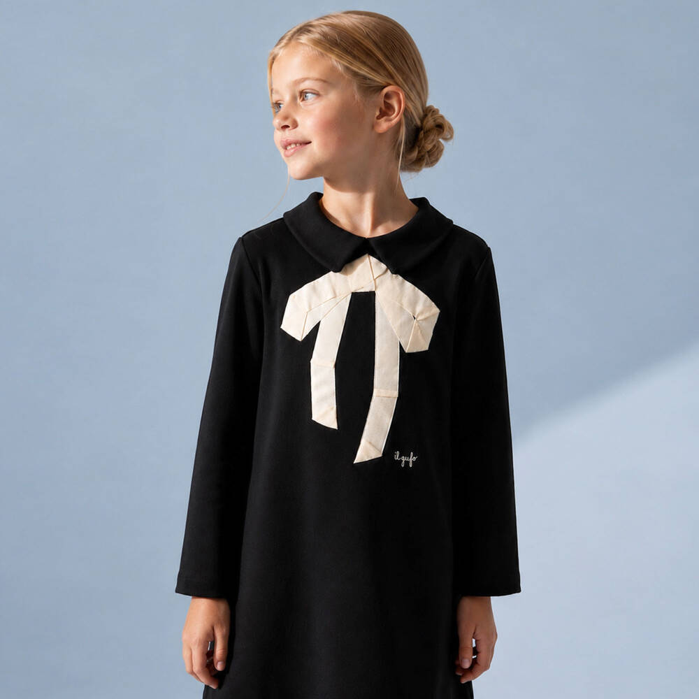 Il Gufo-Girls Black Collared Dress with Ribbon Bow | Childrensalon