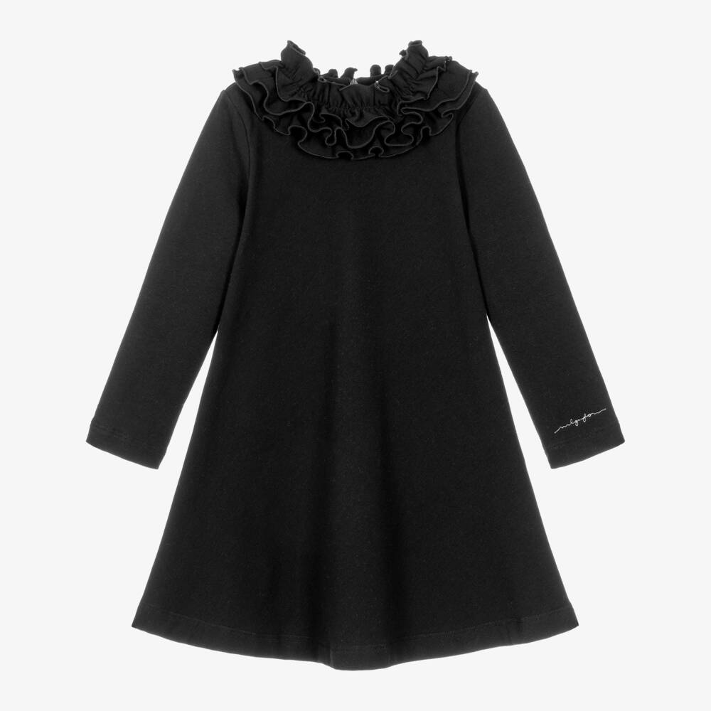 Il Gufo-Girls Black Cotton Frill Collar Dress | Childrensalon
