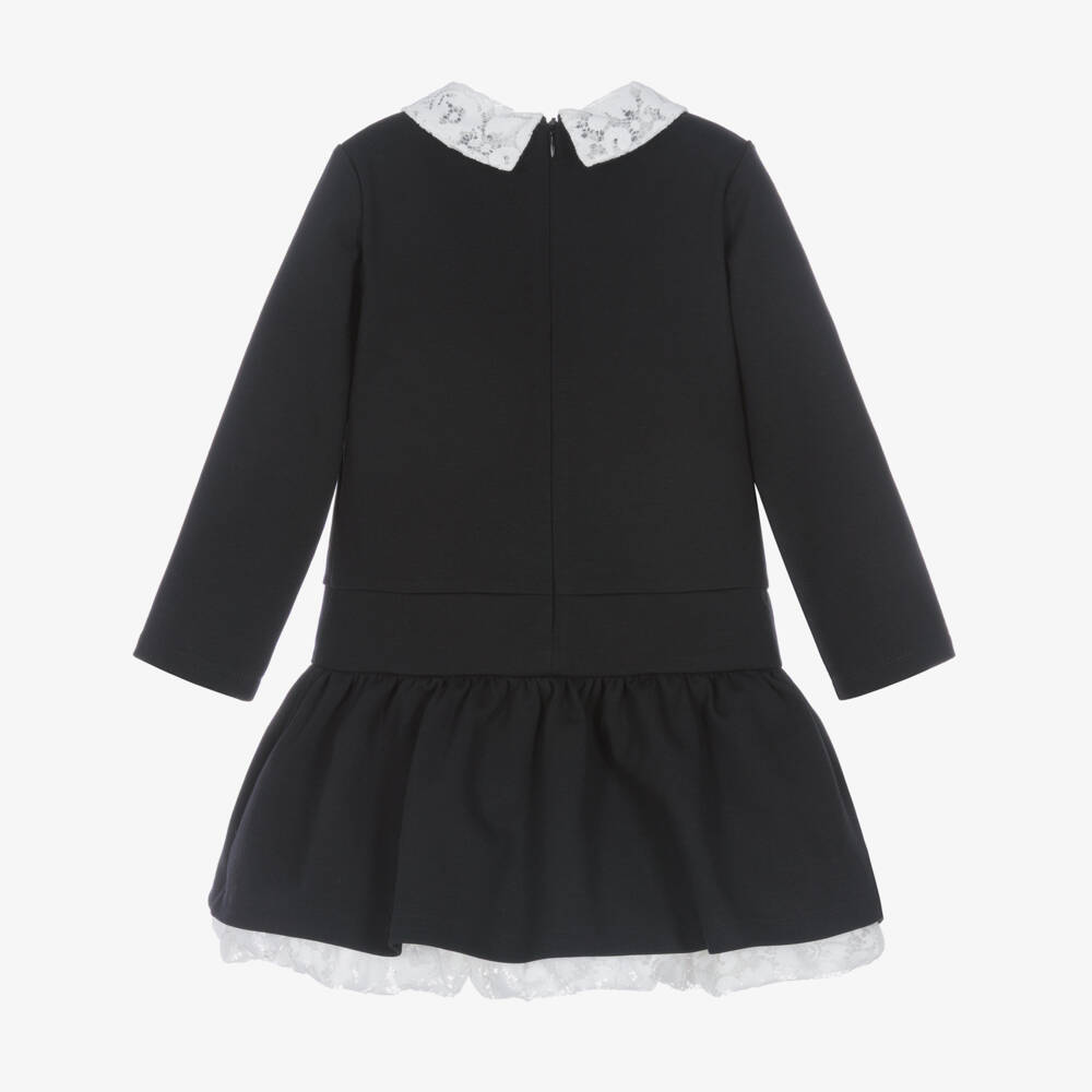 Il Gufo-Girls Black Milano Jersey Dress with Lace Collar | Childrensalon