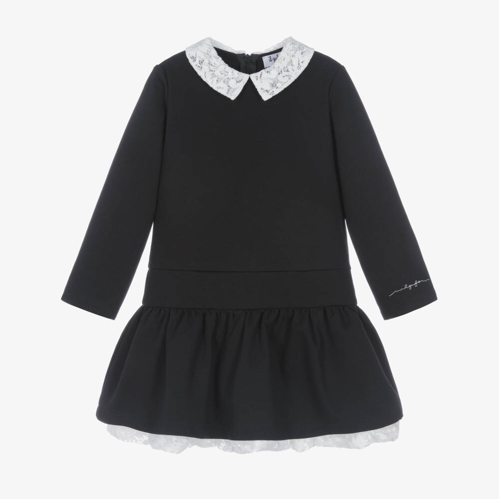 Il Gufo-Girls Black Milano Jersey Dress with Lace Collar | Childrensalon