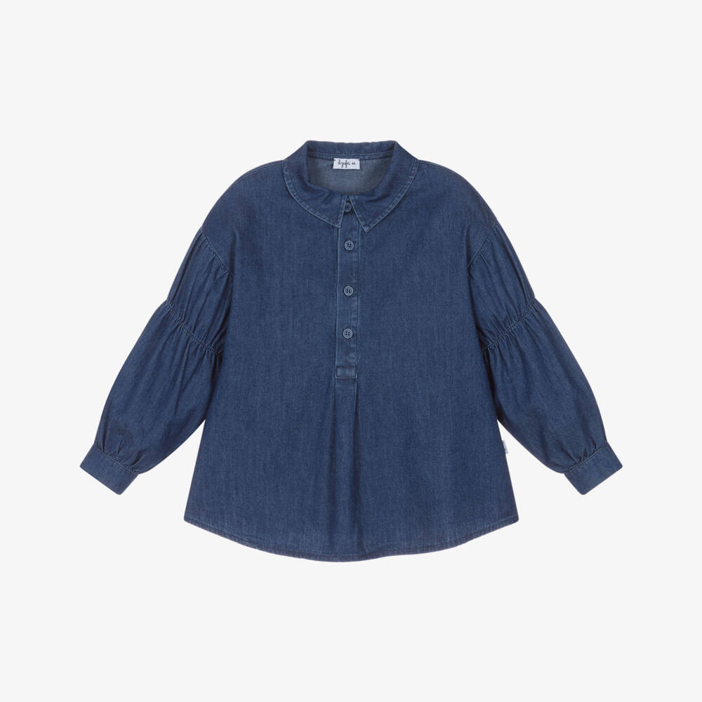Il Gufo-Girls Blue Cotton Chambray Blouse with Ruched Sleeves | Childrensalon