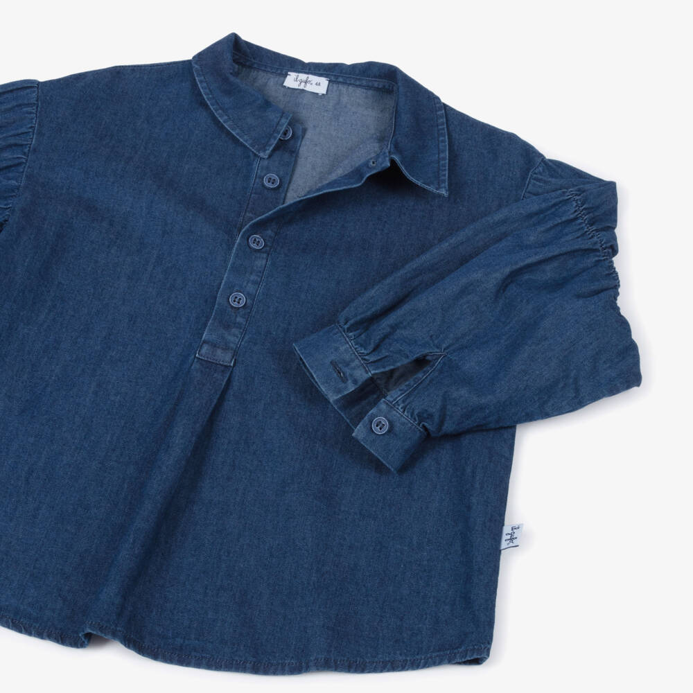 Il Gufo-Girls Blue Cotton Chambray Blouse with Ruched Sleeves | Childrensalon