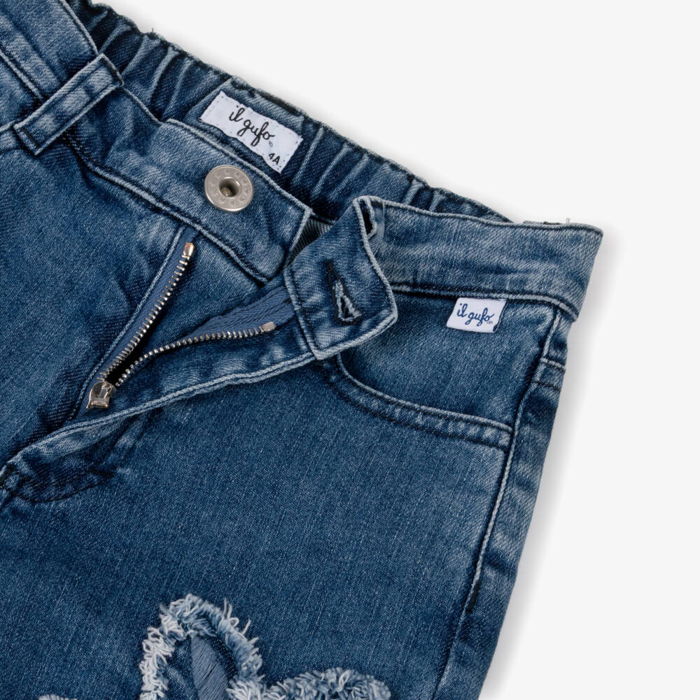 Il Gufo-Girls Blue Denim Flower Appliqué Wide-Leg Jeans | Childrensalon