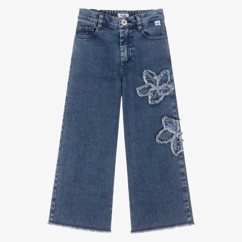 Il Gufo-Girls Blue Denim Flower Appliqué Wide-Leg Jeans | Childrensalon