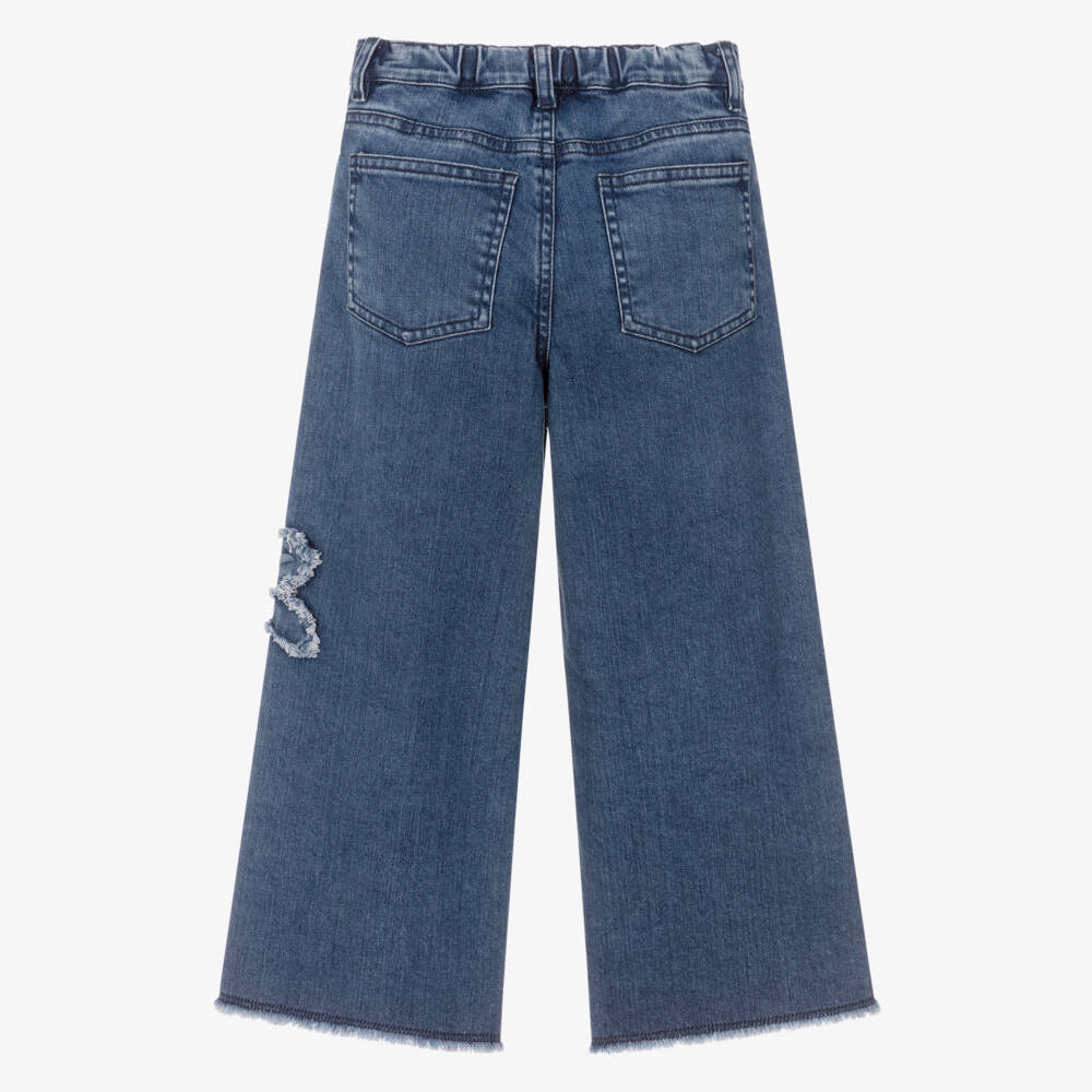 Il Gufo-Girls Blue Denim Flower Appliqué Wide-Leg Jeans | Childrensalon