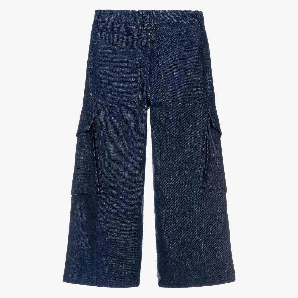 Il Gufo-Girls Blue Denim Wide Leg Cargo Jeans | Childrensalon