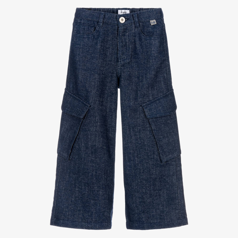 Il Gufo-Girls Blue Denim Wide Leg Cargo Jeans | Childrensalon
