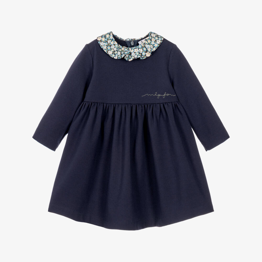 Il Gufo-Girls Blue Milano Jersey Dress with Floral Collar | Childrensalon