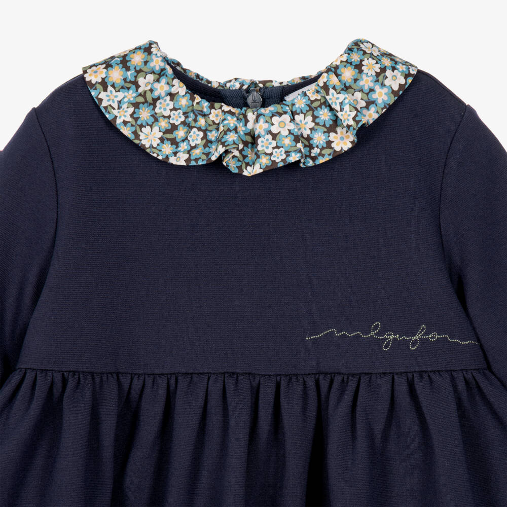 Il Gufo-Girls Blue Milano Jersey Dress with Floral Collar | Childrensalon