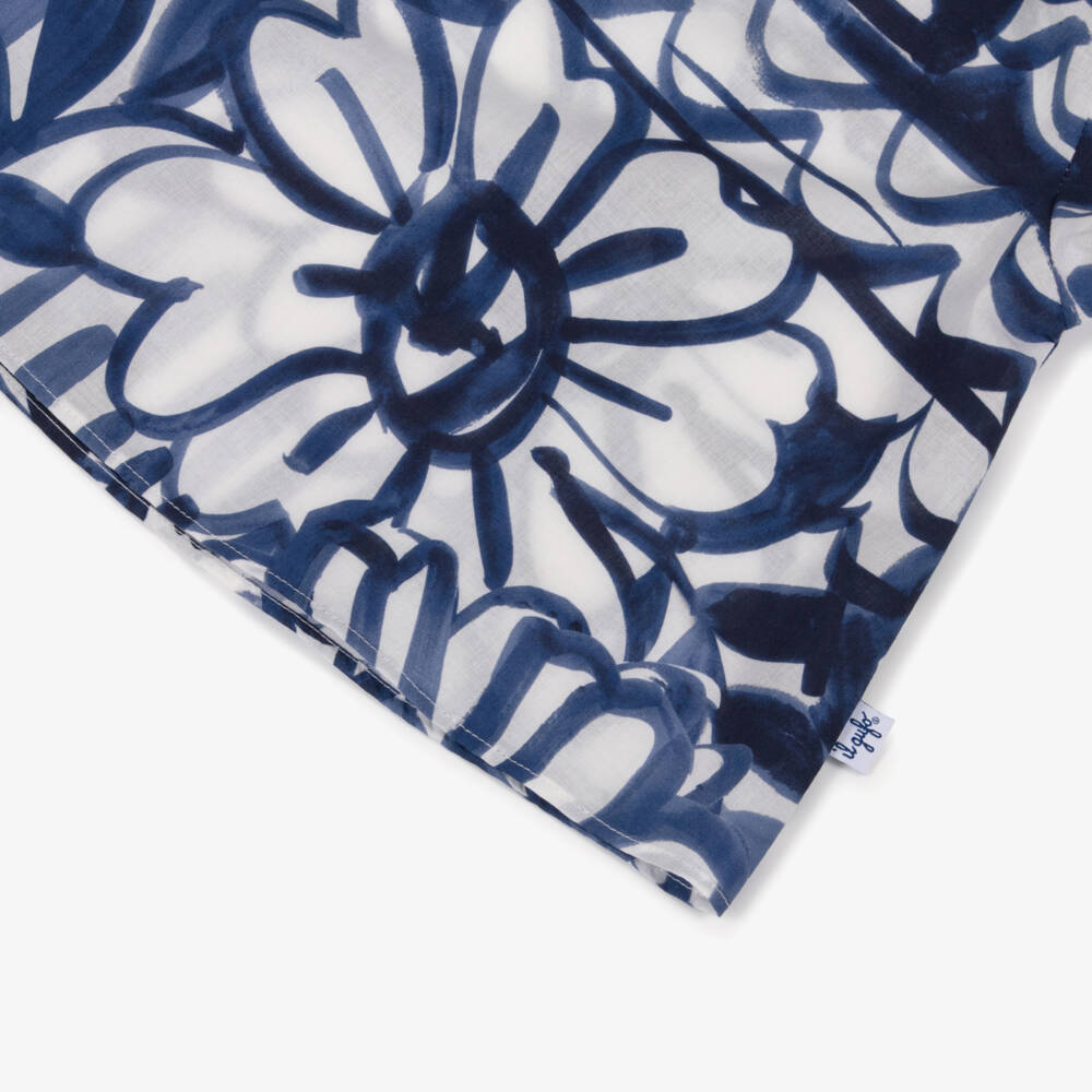 Il Gufo-Girls Blue & White Cotton Floral Print Blouse | Childrensalon
