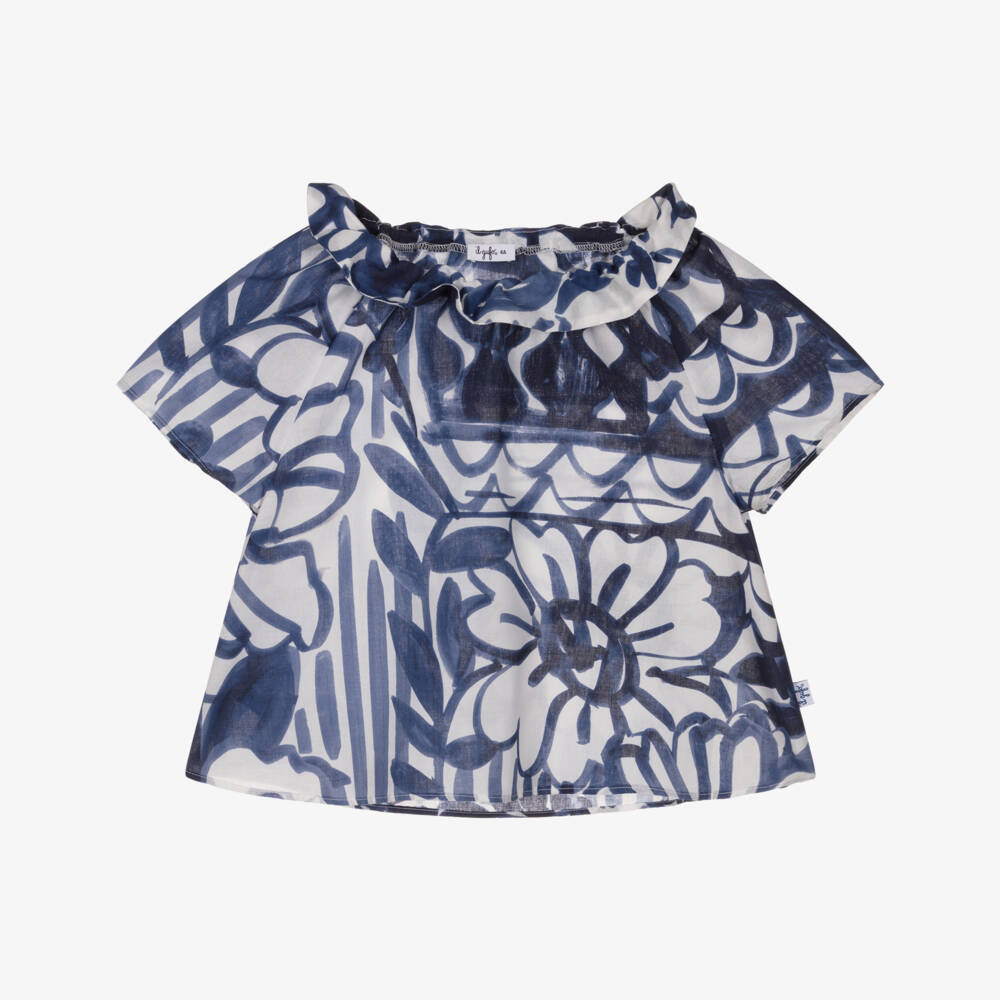 Il Gufo-Girls Blue & White Cotton Floral Print Blouse | Childrensalon