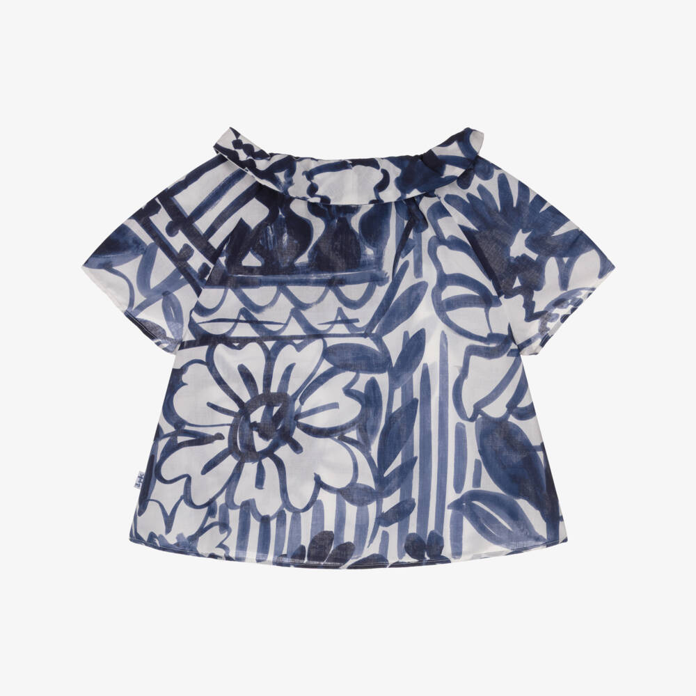 Il Gufo-Girls Blue & White Cotton Floral Print Blouse | Childrensalon