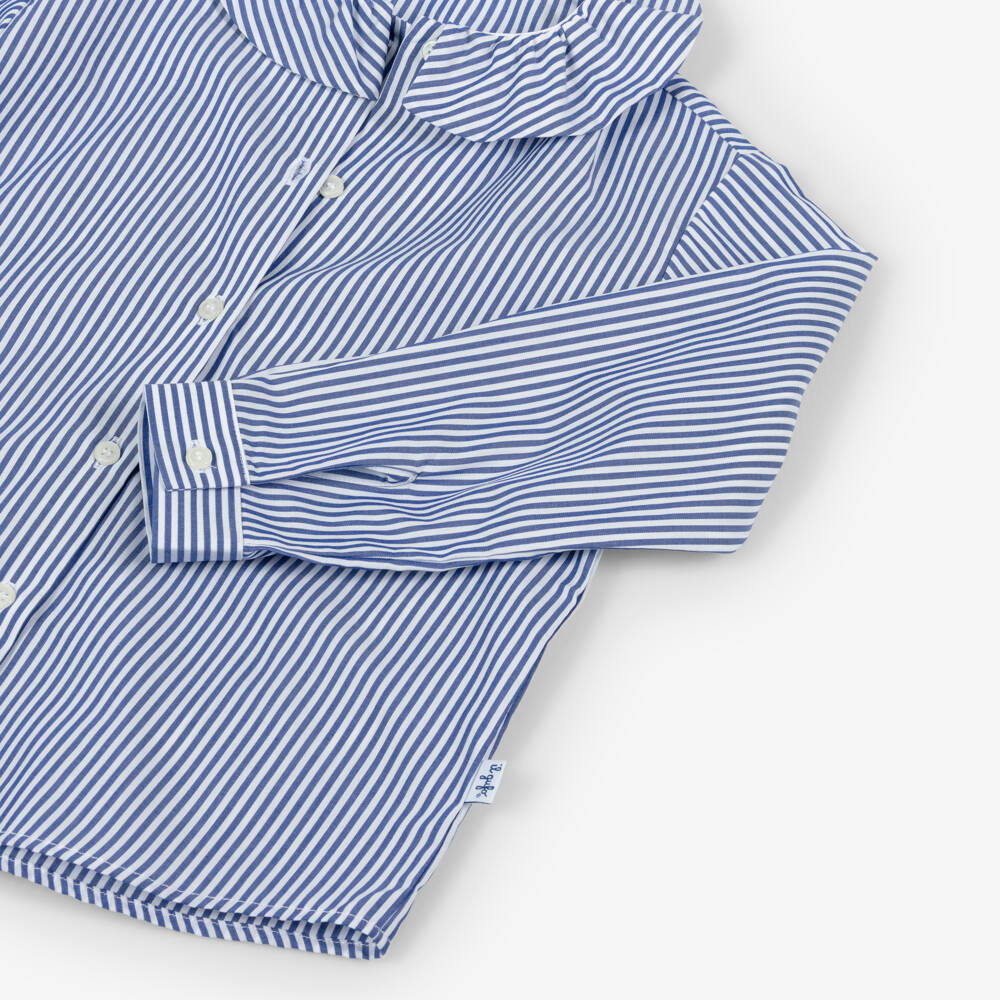 Il Gufo-Girls Blue & White Stripe Cotton Blouse with Ruffle Collar | Childrensalon