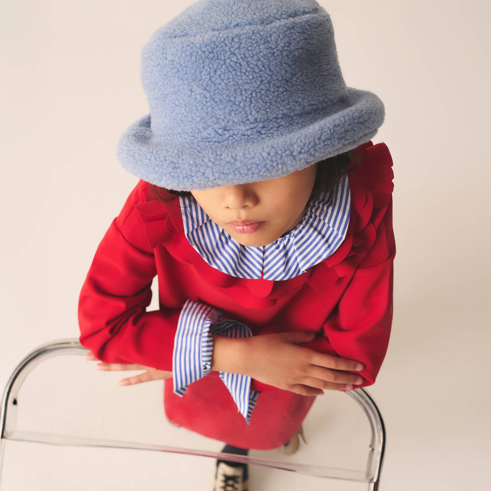 Il Gufo-Girls Blue & White Stripe Cotton Blouse with Ruffle Collar | Childrensalon