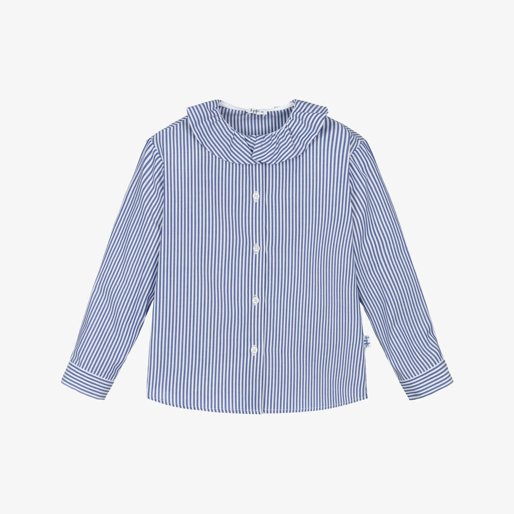 Il Gufo-Girls Blue & White Stripe Cotton Blouse with Ruffle Collar | Childrensalon