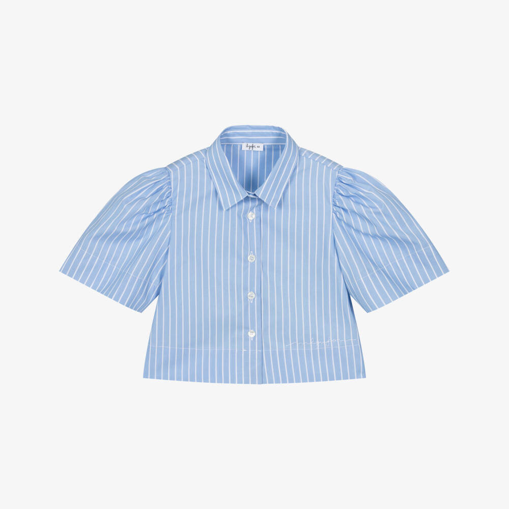 Il Gufo-Girls Blue & White Striped Cotton Blouse with Puffed Sleeves | Childrensalon