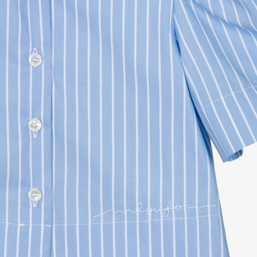 Il Gufo-Girls Blue & White Striped Cotton Blouse with Puffed Sleeves | Childrensalon
