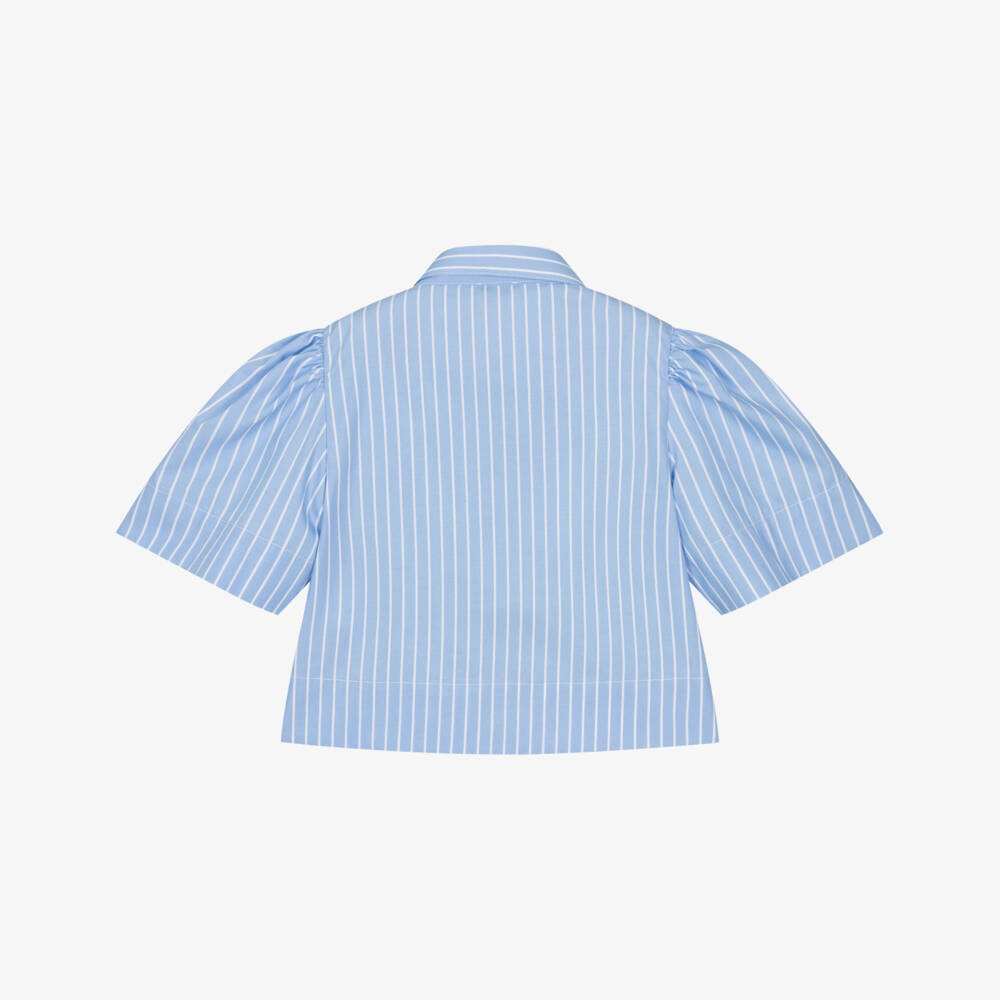 Il Gufo-Girls Blue & White Striped Cotton Blouse with Puffed Sleeves | Childrensalon