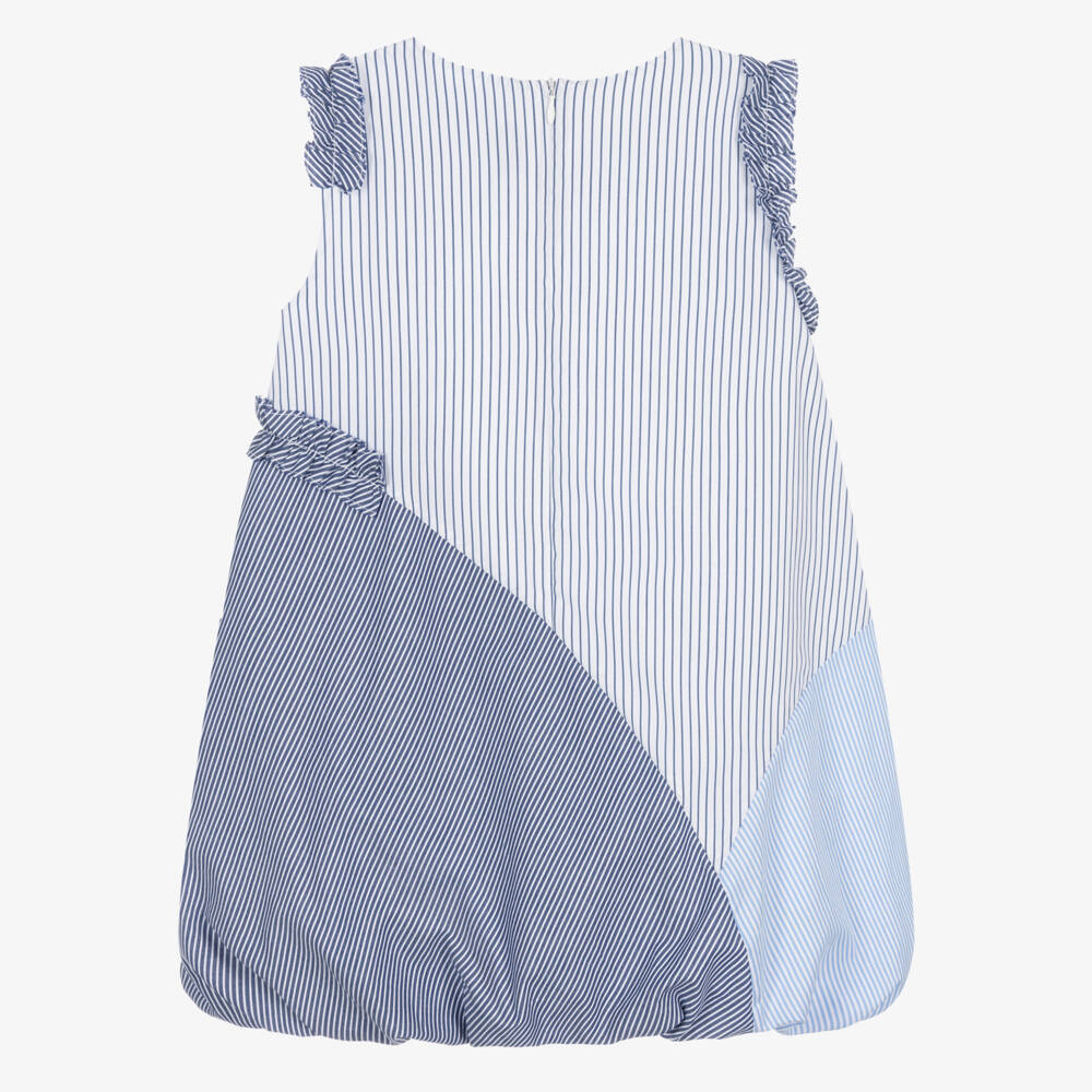 Il Gufo-Girls Blue & White Striped Cotton Dress with Bubble Hem | Childrensalon