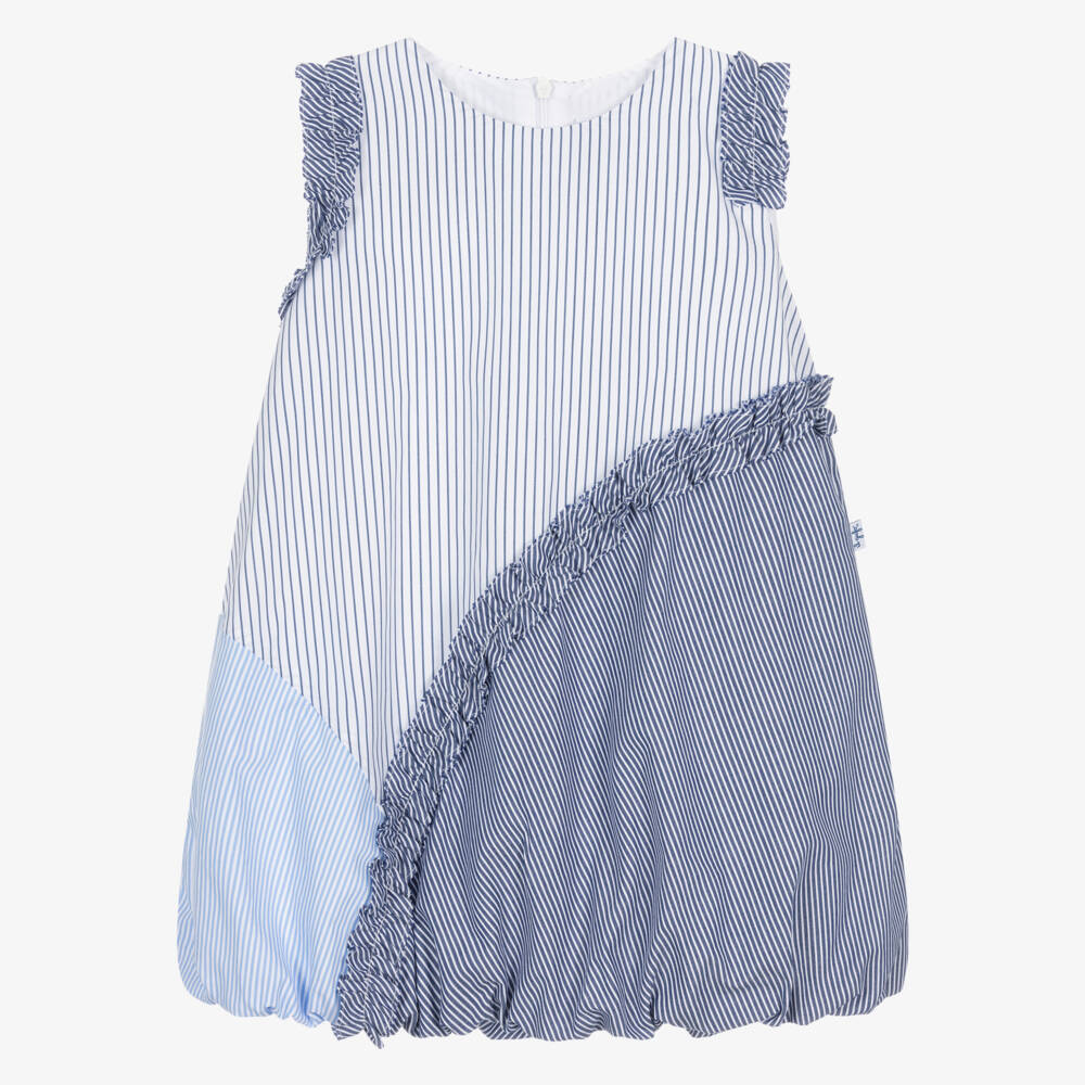 Il Gufo-Girls Blue & White Striped Cotton Dress with Bubble Hem | Childrensalon