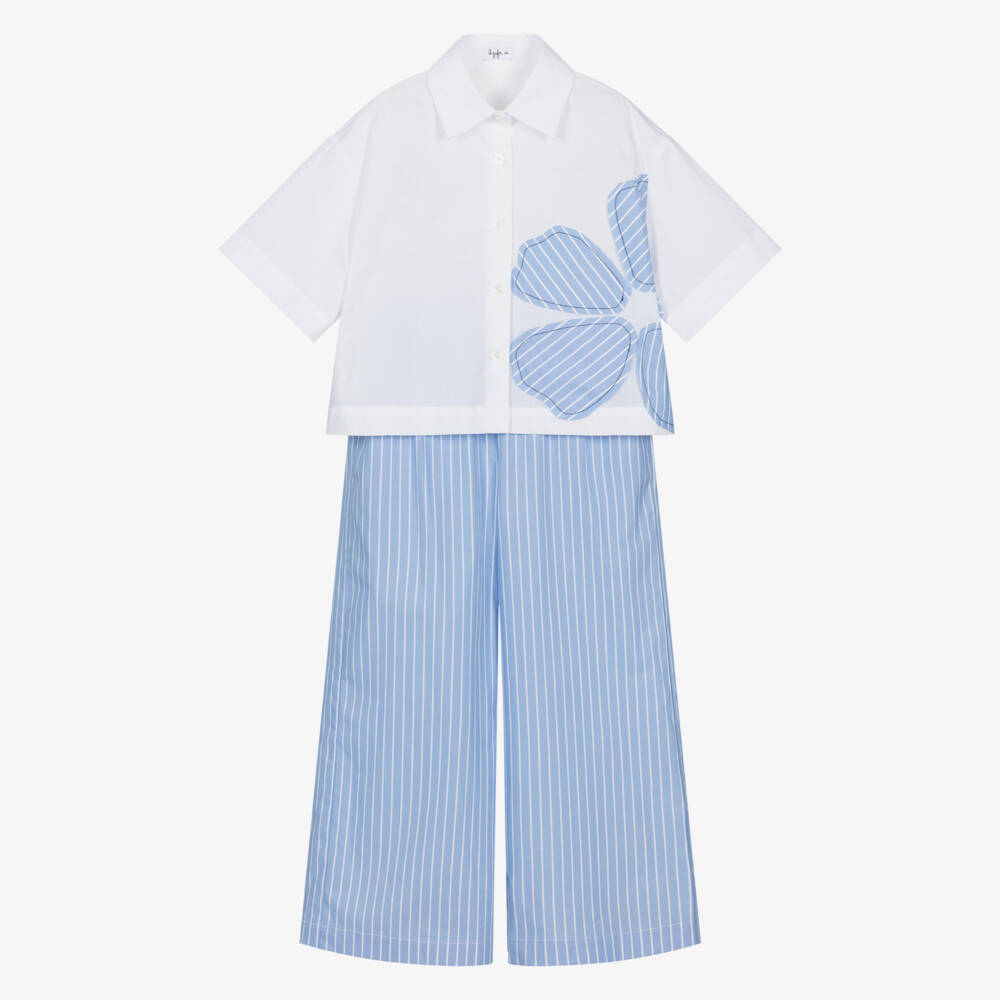 Il Gufo-Girls Blue & White Striped Cotton Trouser Set | Childrensalon