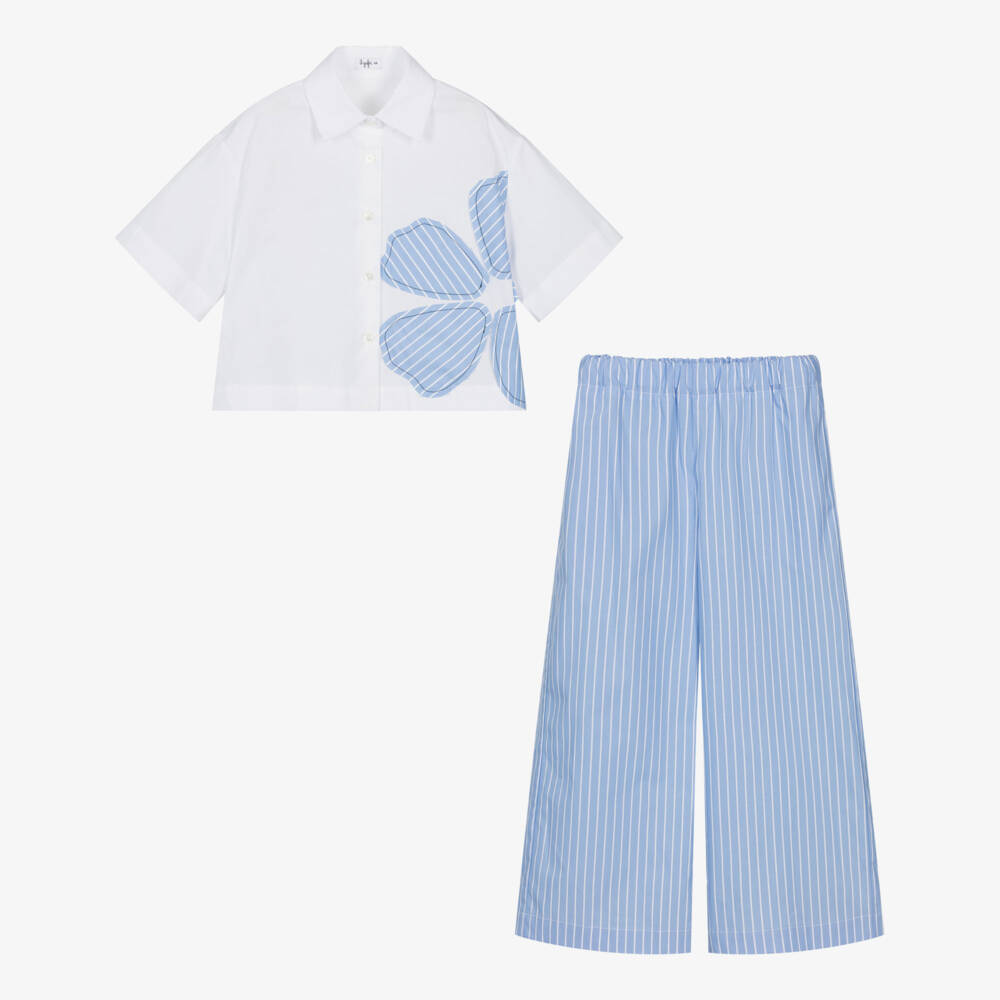 Il Gufo-Girls Blue & White Striped Cotton Trouser Set | Childrensalon
