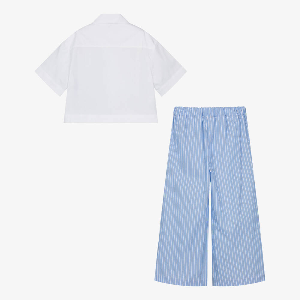 Il Gufo-Girls Blue & White Striped Cotton Trouser Set | Childrensalon